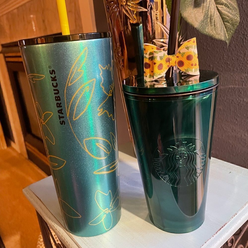 Starbucks Spring Floral Flower Shimmer and Emerald Marble Tumblers NWT